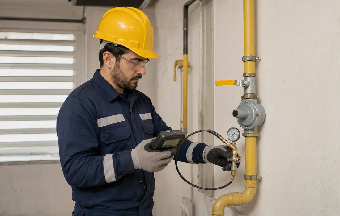 Doğalgaz tesisat bağlantısını güvenlik cihazıyla kontrol eden teknisyen