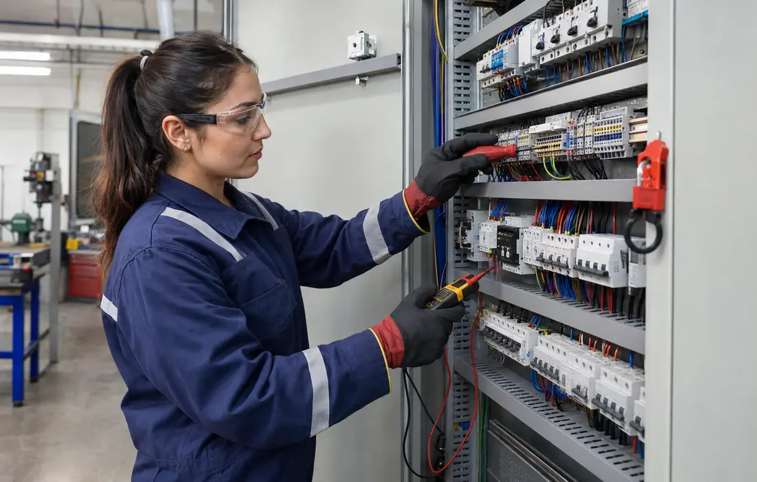 Elektrik panosunda ölçüm ve bağlantı kontrolü yapan teknisyen