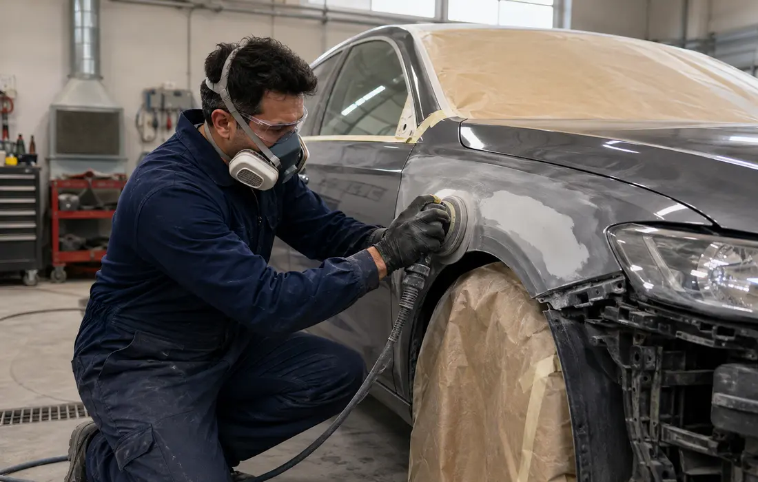 Otomotiv servisinde mekanik kontrol ve boya hazırlığı yapan teknisyenler