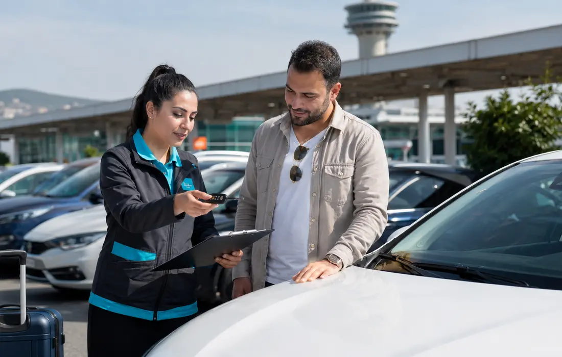 Kiralık araçların yanında teslim işlemini yürüten araç kiralama görevlisi