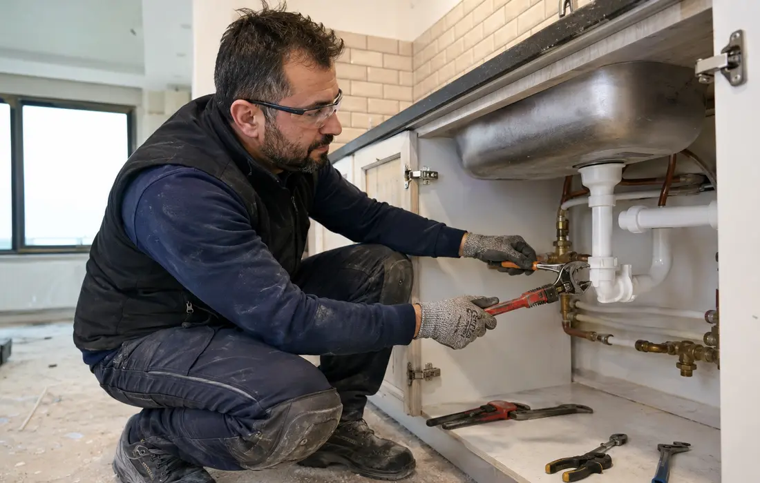 Bina tesisatında boru bağlantısını kontrol eden sıhhi tesisatçı