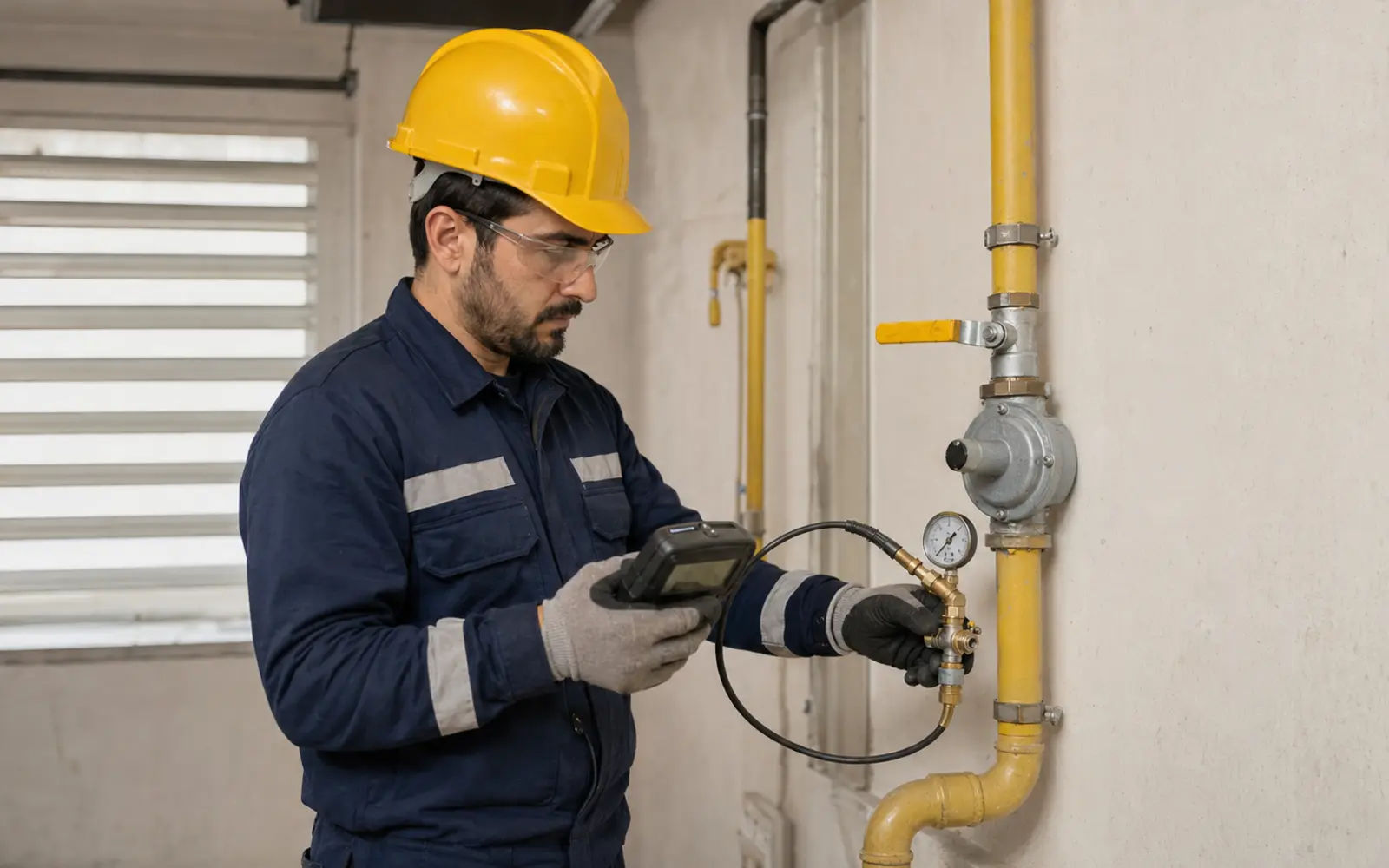 Doğalgaz tesisat bağlantısını güvenlik cihazıyla kontrol eden teknisyen