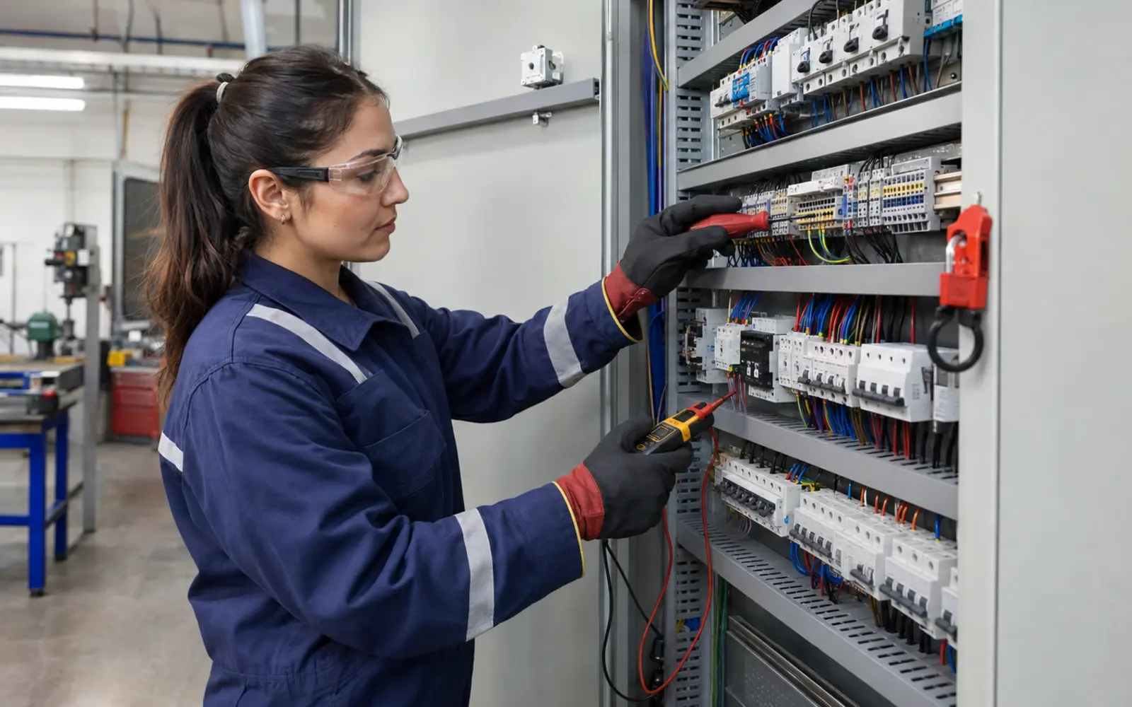 Elektrik panosunda ölçüm ve bağlantı kontrolü yapan teknisyen