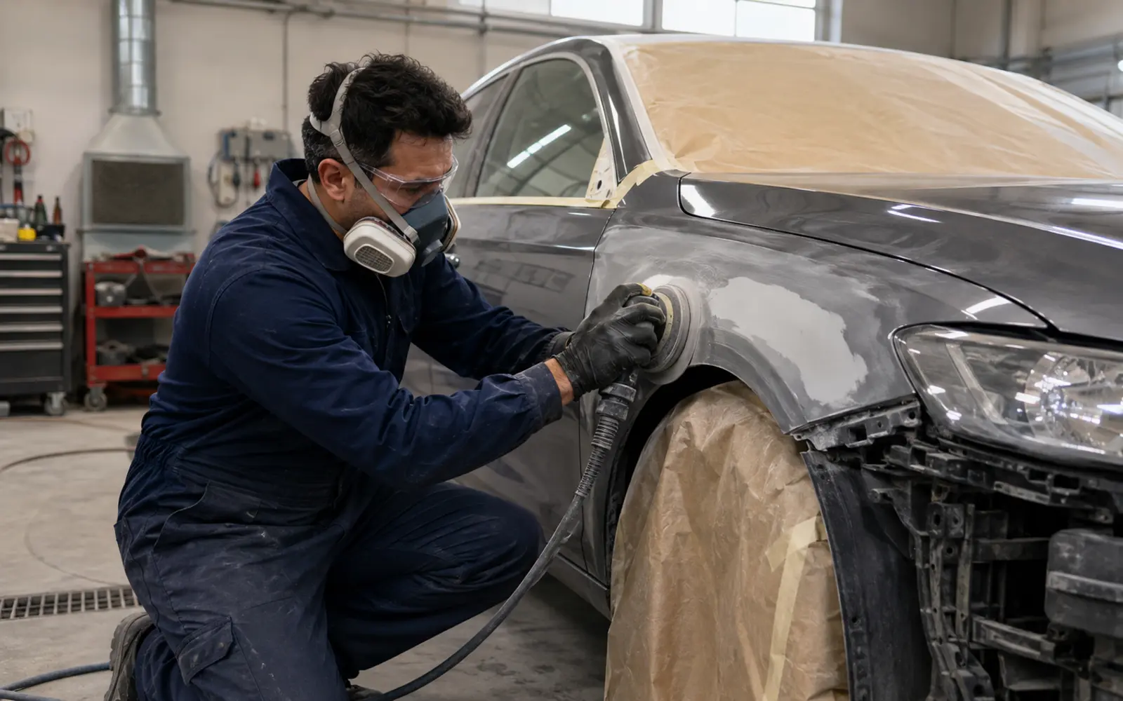 Otomotiv servisinde mekanik kontrol ve boya hazırlığı yapan teknisyenler