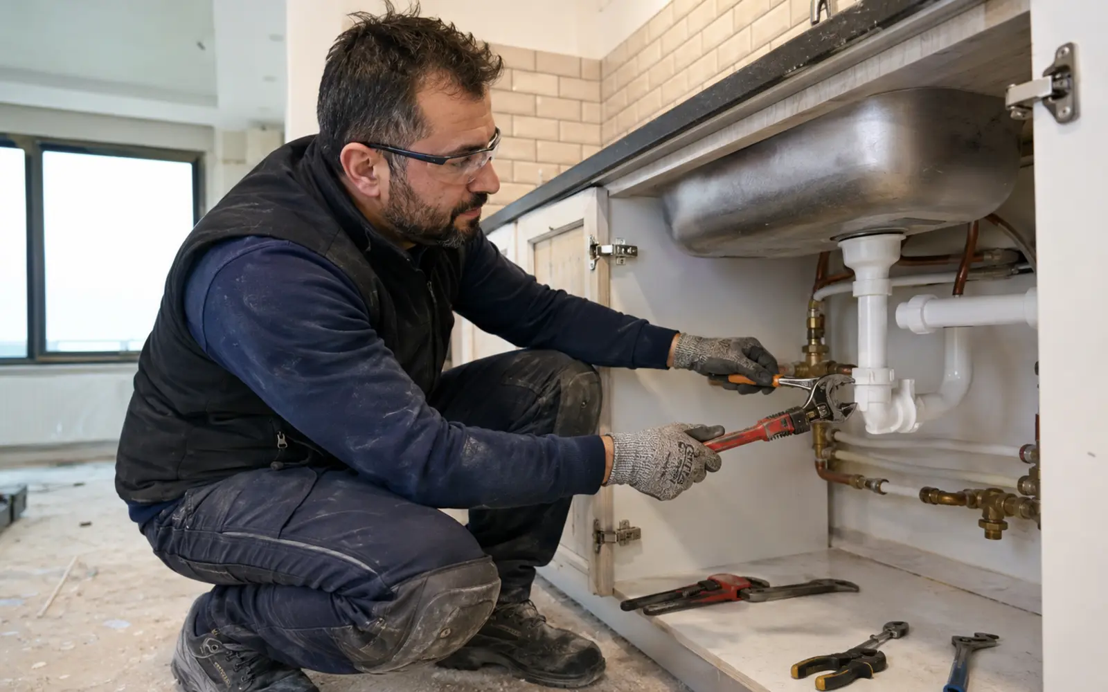 Bina tesisatında boru bağlantısını kontrol eden sıhhi tesisatçı