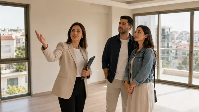 Satılık daireyi müşterilerine tanıtan emlak danışmanı