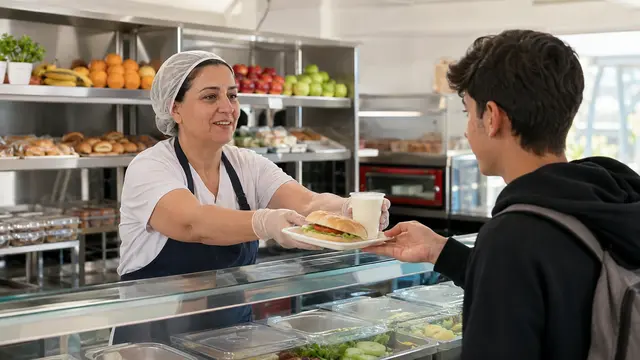 Temiz ve düzenli kantinde müşteriye hizmet veren kantin işletmecisi