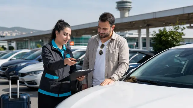 Kiralık araçların yanında teslim işlemini yürüten araç kiralama görevlisi